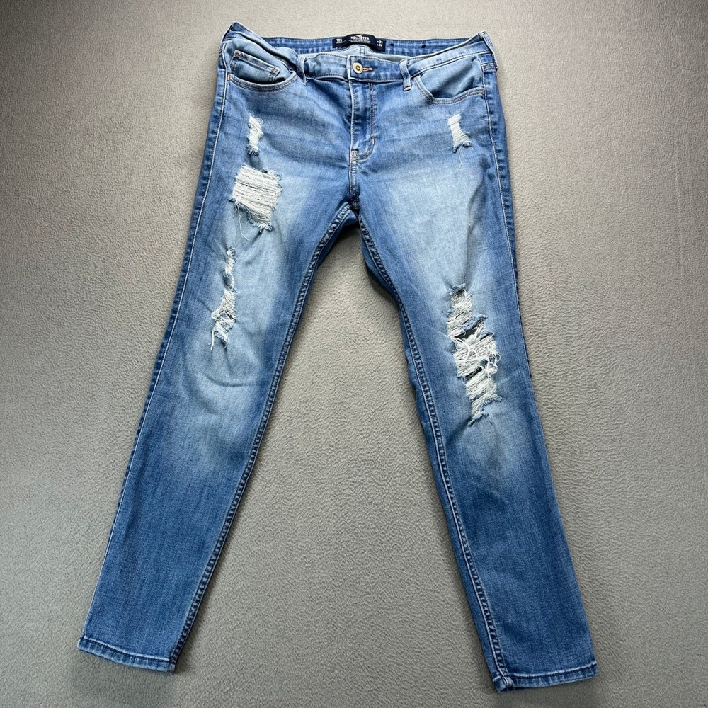 Hollister Mid-Rise Super Skinny Jeans Women 13S Blue Distressed Faded Denim